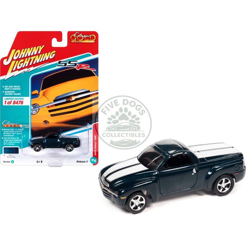2005 chevrolet ssr pickup truck bermuda blue metallic with white stripes "classic gold collection" series limited edition to 8476 pieces worldwide 1/64 diecast model car by johnny lightning