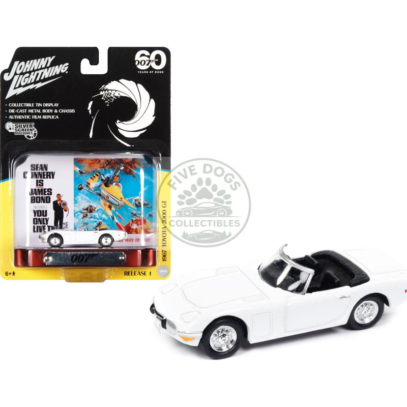1967 toyota 2000 gt convertible rhd (right hand drive) white 007 (james bond) "you only live twice" (1967) movie with collectible tin display "silver screen machines" series 1/64 diecast model car by johnny lightning