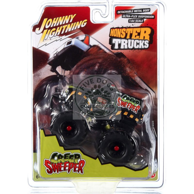 "creep sweeper" monster truck "zombie response unit" with black wheels "monster trucks" series 1/64 diecast model by johnny lightning