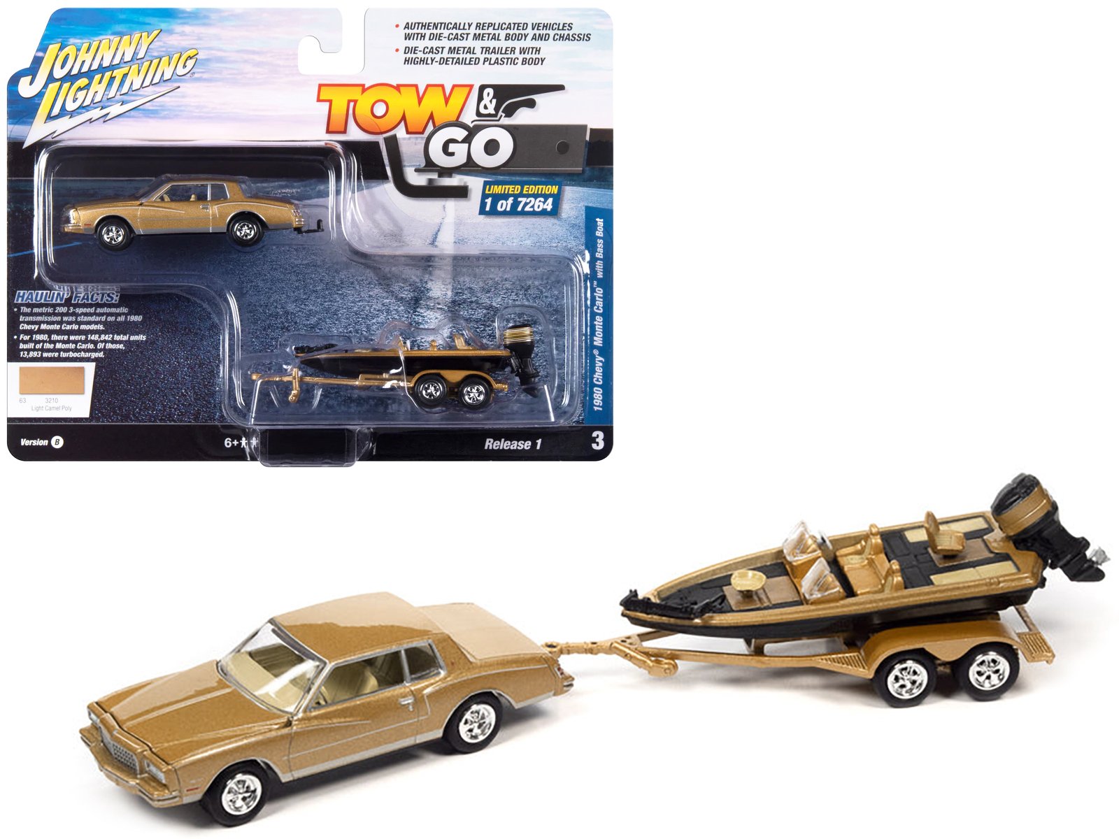 1980 chevrolet monte carlo light camel gold metallic with bass boat and trailer limited edition to 7264 pieces worldwide "tow & go" series 1/64 diecast model car by johnny lightning 1980 chevrolet monte carlo light camel gold metallic with bass boat and trailer limited edition to 7264 pieces worldwide "tow & go" series 1/64 diecast model car by johnny lightning
