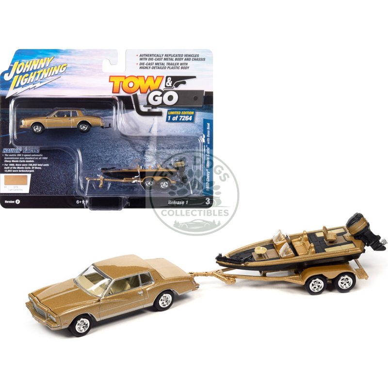1980 chevrolet monte carlo light camel gold metallic with bass boat and trailer limited edition to 7264 pieces worldwide "tow & go" series 1/64 diecast model car by johnny lightning