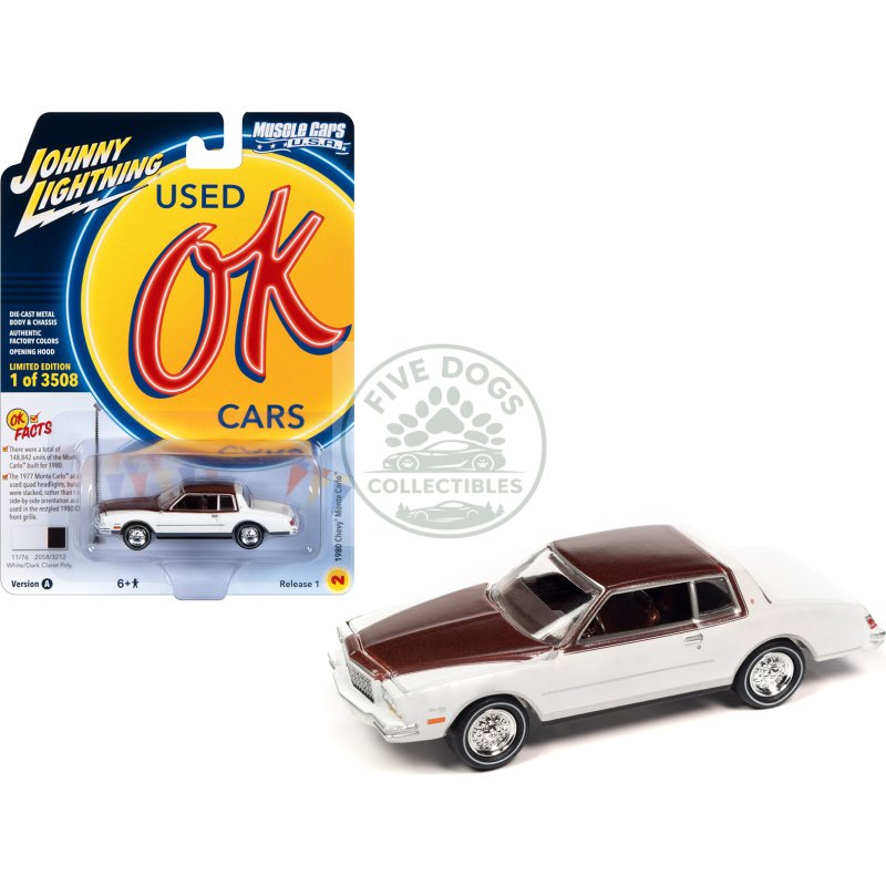 1980 chevrolet monte carlo white and dark claret brown metallic top and hood limited edition to 3508 pieces worldwide "ok used cars" 2023 series 1/64 diecast model car by johnny lightning