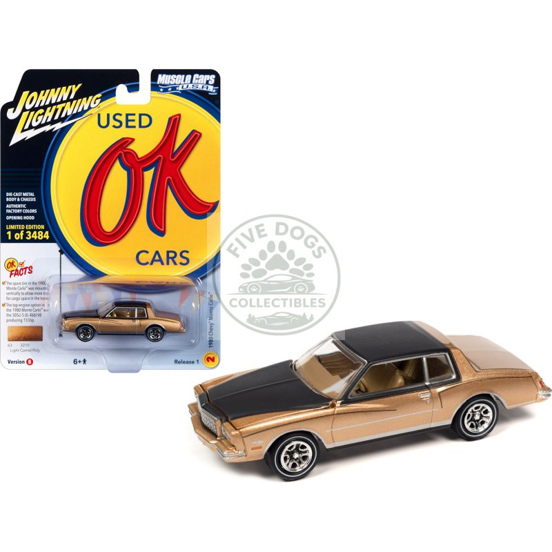 1980 chevrolet monte carlo light camel gold metallic with black top and hood limited edition to 3484 pieces worldwide "ok used cars" 2023 series 1/64 diecast model car by johnny lightning