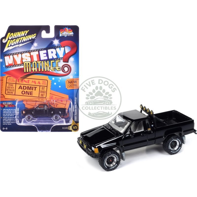 1985 toyota sr5 pickup truck black "mystery matinee" movie pop culture 2024 release 1 1/64 diecast model car by johnny lightning