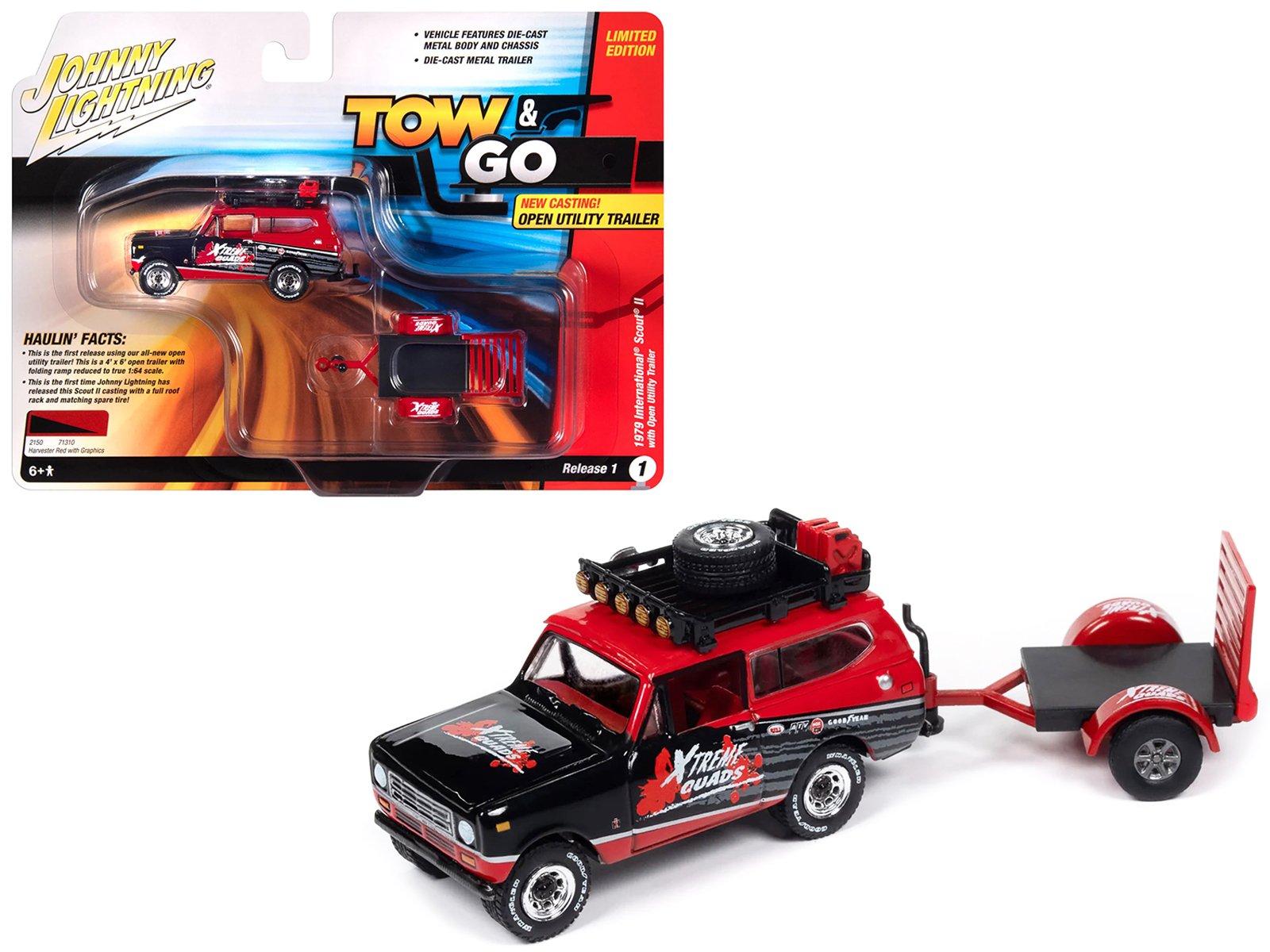 1979 international scout ii red and black "xtreme quads" with open utility trailer "tow & go" series 1/64 diecast model car by johnny lightning 1979 international scout ii red and black "xtreme quads" with open utility trailer "tow & go" series 1/64 diecast model car by johnny lightning