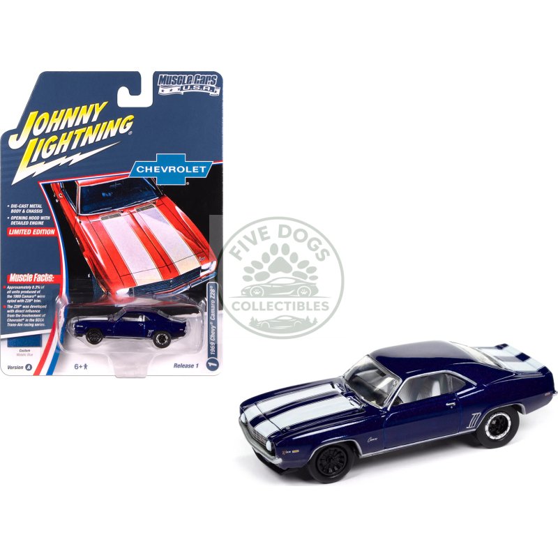 1969 chevrolet camaro z28 blue metallic with white stripes and interior "muscle cars usa" series 1/64 diecast model car by johnny lightning