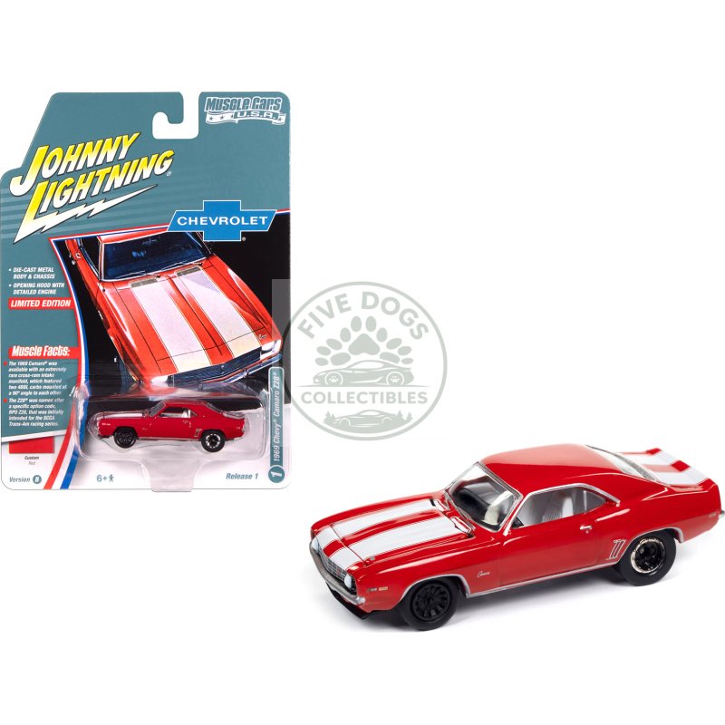 1969 chevrolet camaro z28 red with white stripes and interior "muscle cars usa" series 1/64 diecast model car by johnny lightning