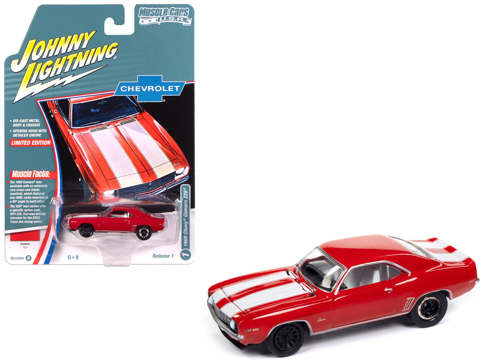 1969 chevrolet camaro z28 red with white stripes and interior "muscle cars usa" series 1/64 diecast model car by johnny lightning 1969 chevrolet camaro z28 red with white stripes and interior "muscle cars usa" series 1/64 diecast model car by johnny lightning