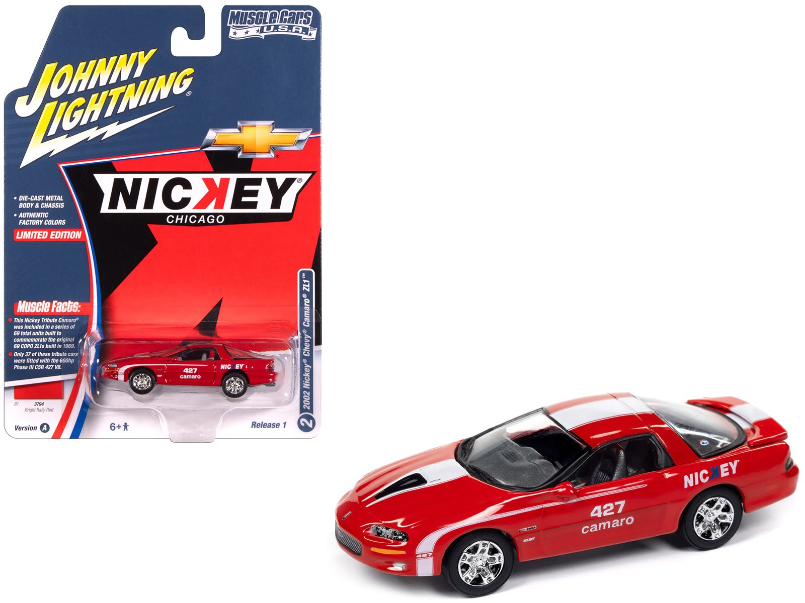 2002 chevrolet nickey camaro zl1 bright rally red with white stripes "muscle cars usa" series 1/64 diecast model car by johnny lightning 2002 chevrolet nickey camaro zl1 bright rally red with white stripes "muscle cars usa" series 1/64 diecast model car by johnny lightning