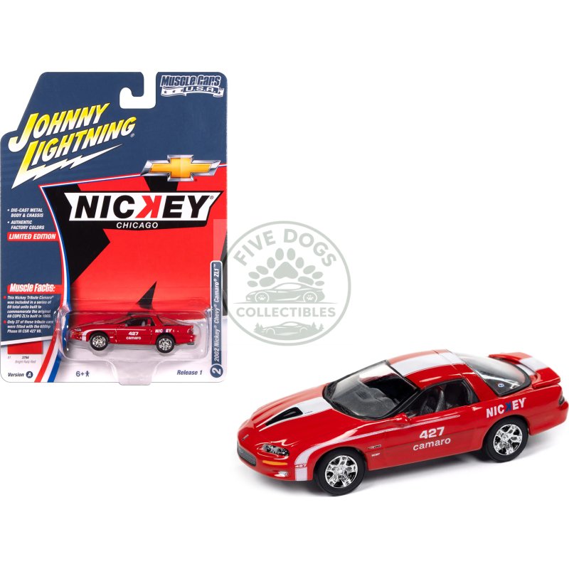 2002 chevrolet nickey camaro zl1 bright rally red with white stripes "muscle cars usa" series 1/64 diecast model car by johnny lightning