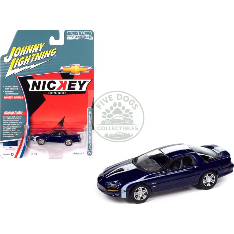2002 chevrolet nickey camaro zl1 navy blue metallic with white stripes "muscle cars usa" series 1/64 diecast model car by johnny lightning