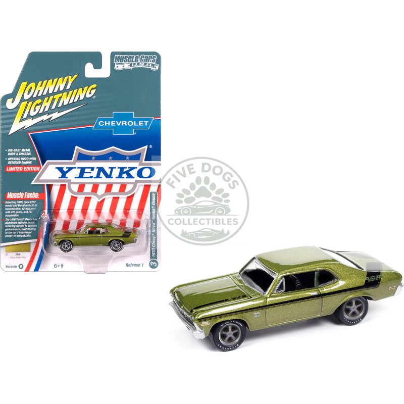 1970 chevrolet nova yenko deuce citrus green metallic with black stripes "muscle cars usa" series 1/64 diecast model car by johnny lightning