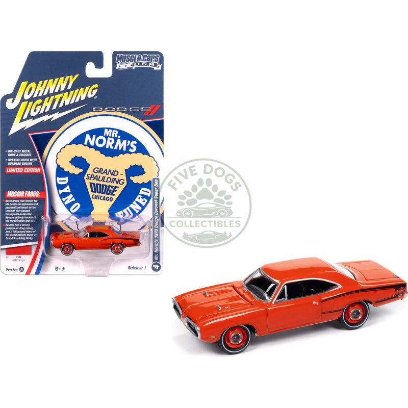 1970 dodge coronet super bee "mr. norm's" hemi orange with black stripes "muscle cars usa" series 1/64 diecast model car by johnny lightning