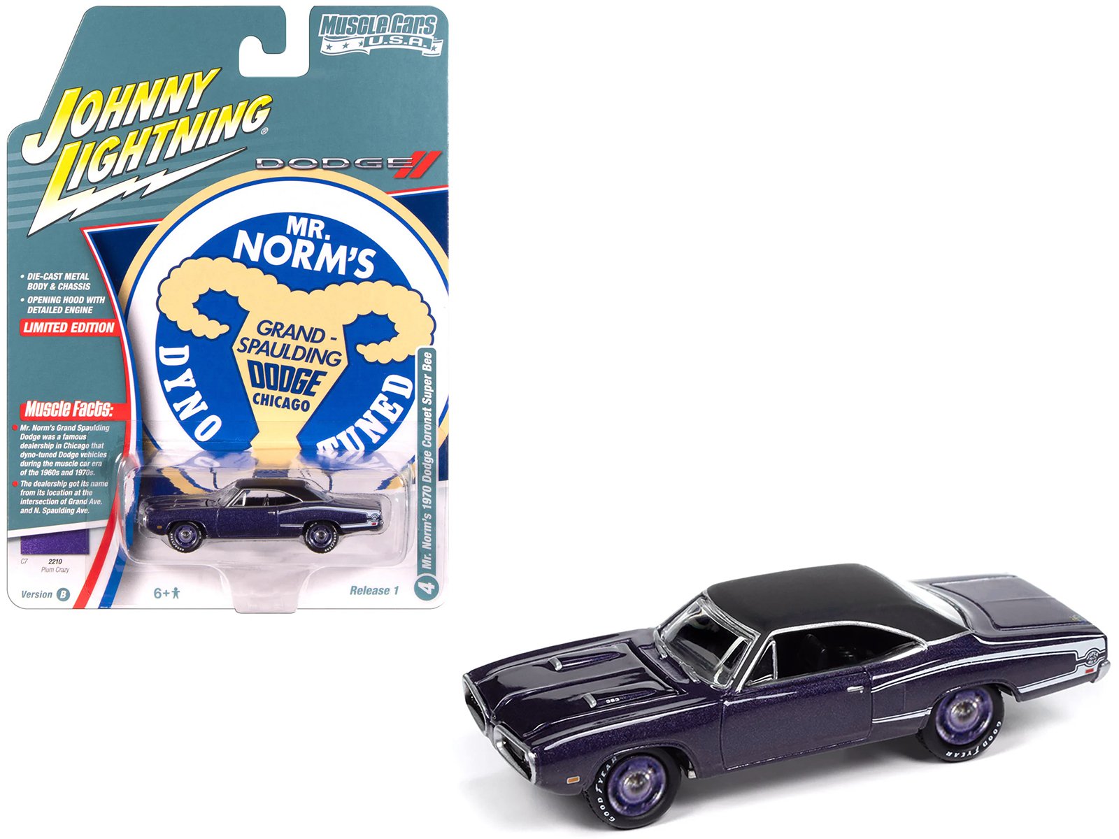 1970 dodge coronet super bee "mr. norm's" plum crazy metallic with black top and white stripes 1/64 diecast model car by johnny lightning 1970 dodge coronet super bee "mr. norm's" plum crazy metallic with black top and white stripes 1/64 diecast model car by johnny lightning