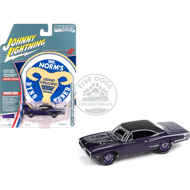 1970 dodge coronet super bee "mr. norm's" plum crazy metallic with black top and white stripes 1/64 diecast model car by johnny lightning