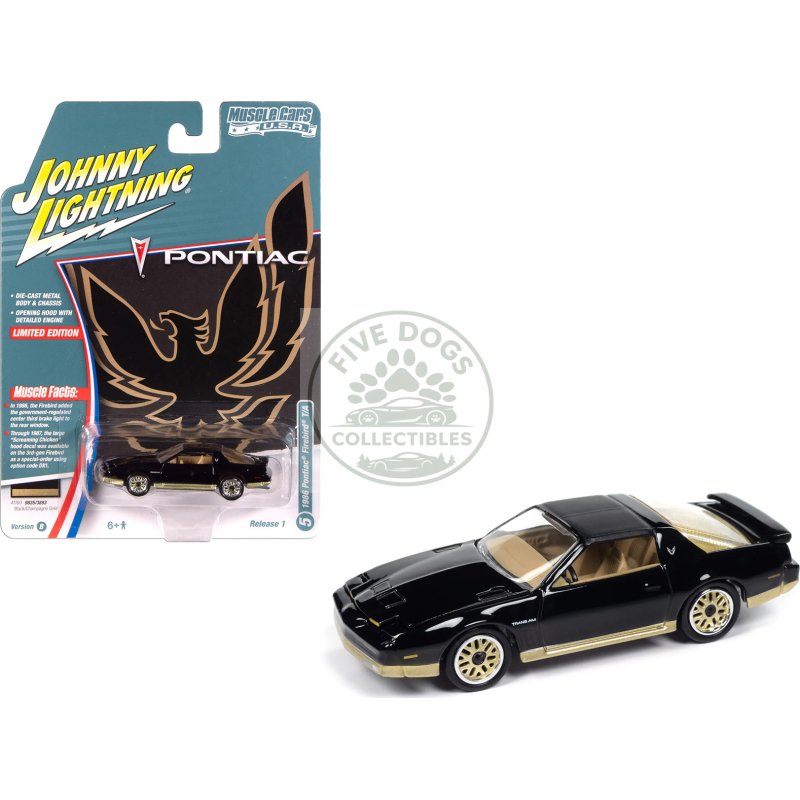 1986 pontiac firebird t/a black with champagne gold accents "muscle cars usa" series 1/64 diecast model car by johnny lightning