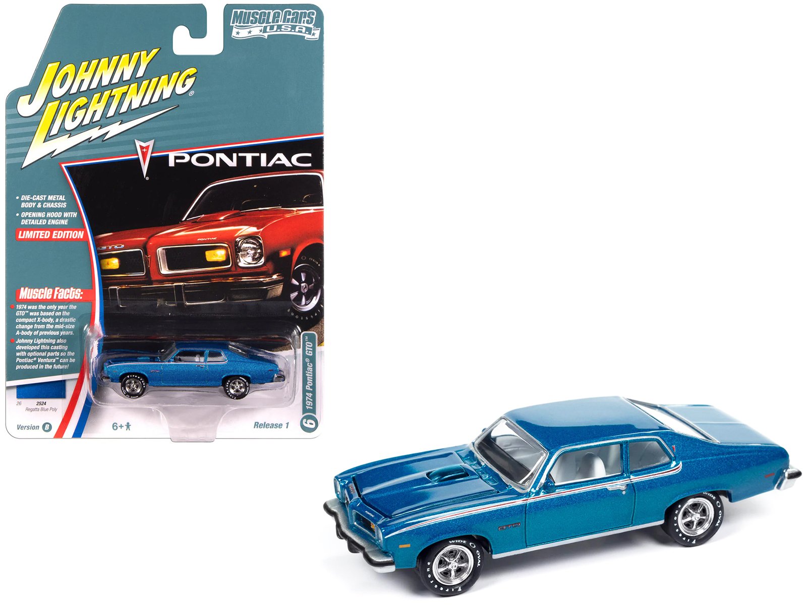 1974 pontiac gto regatta blue metallic with white interior "muscle cars usa" series 1/64 diecast model car by johnny lightning 1974 pontiac gto regatta blue metallic with white interior "muscle cars usa" series 1/64 diecast model car by johnny lightning