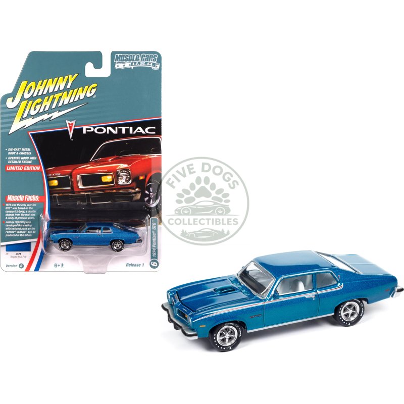 1974 pontiac gto regatta blue metallic with white interior "muscle cars usa" series 1/64 diecast model car by johnny lightning