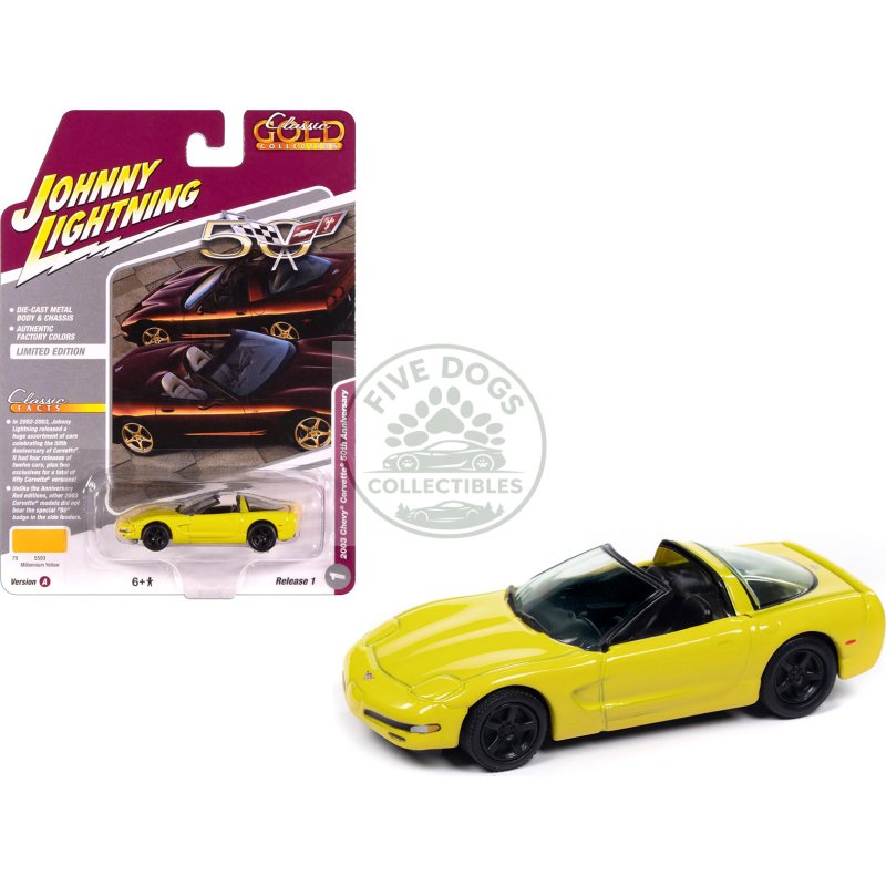 2003 chevrolet corvette convertible "50th anniversary" millennium yellow "classic gold collection" 1/64 diecast model car by johnny lightning