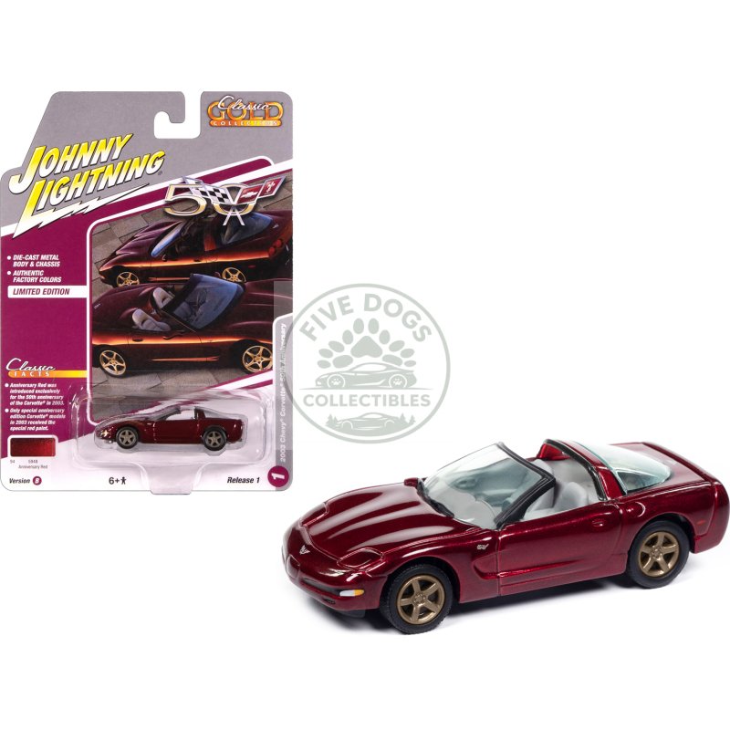 2003 chevrolet corvette convertible "50th anniversary" anniversary red metallic "classic gold collection" 1/64 diecast model car by johnny lightning