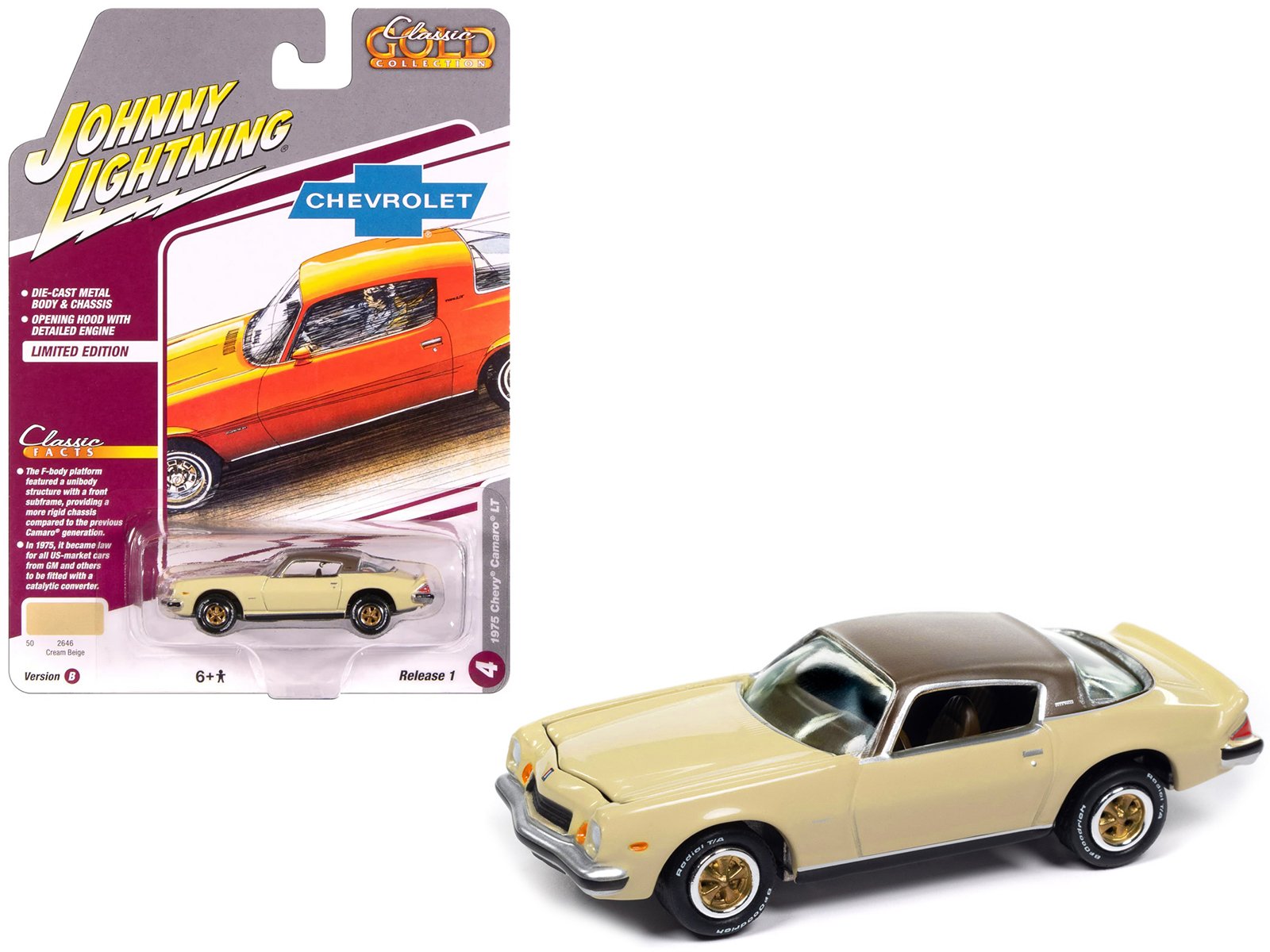 1975 chevrolet camaro lt cream beige with brown top "classic gold collection" 1/64 diecast model car by johnny lightning 1975 chevrolet camaro lt cream beige with brown top "classic gold collection" 1/64 diecast model car by johnny lightning
