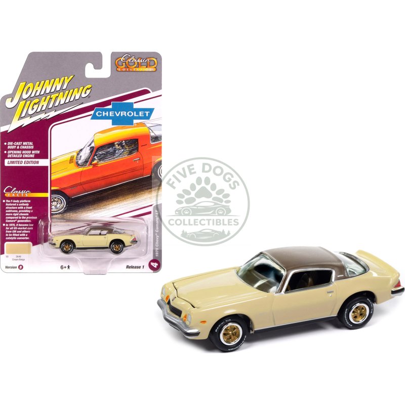 1975 chevrolet camaro lt cream beige with brown top "classic gold collection" 1/64 diecast model car by johnny lightning