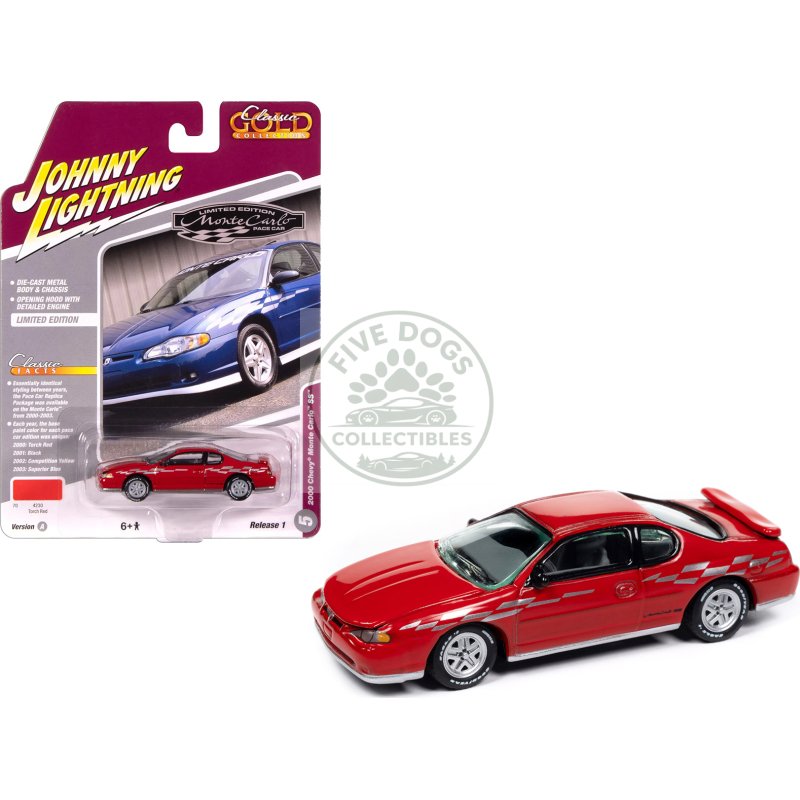 2000 chevrolet monte carlo ss torch red with silver graphics "classic gold collection" 1/64 diecast model car by johnny lightning