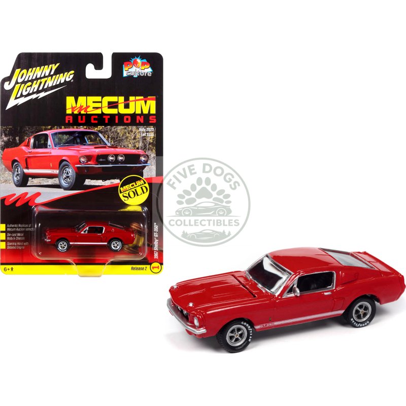 1967 shelby gt 350 red with white side stripes "mecum auctions" "pop culture" 2024 release 2 1/64 diecast model car by johnny lightning