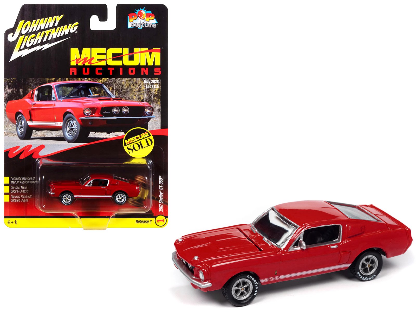 1967 shelby gt 350 red with white side stripes "mecum auctions" "pop culture" 2024 release 2 1/64 diecast model car by johnny lightning 1967 shelby gt 350 red with white side stripes "mecum auctions" "pop culture" 2024 release 2 1/64 diecast model car by johnny lightning