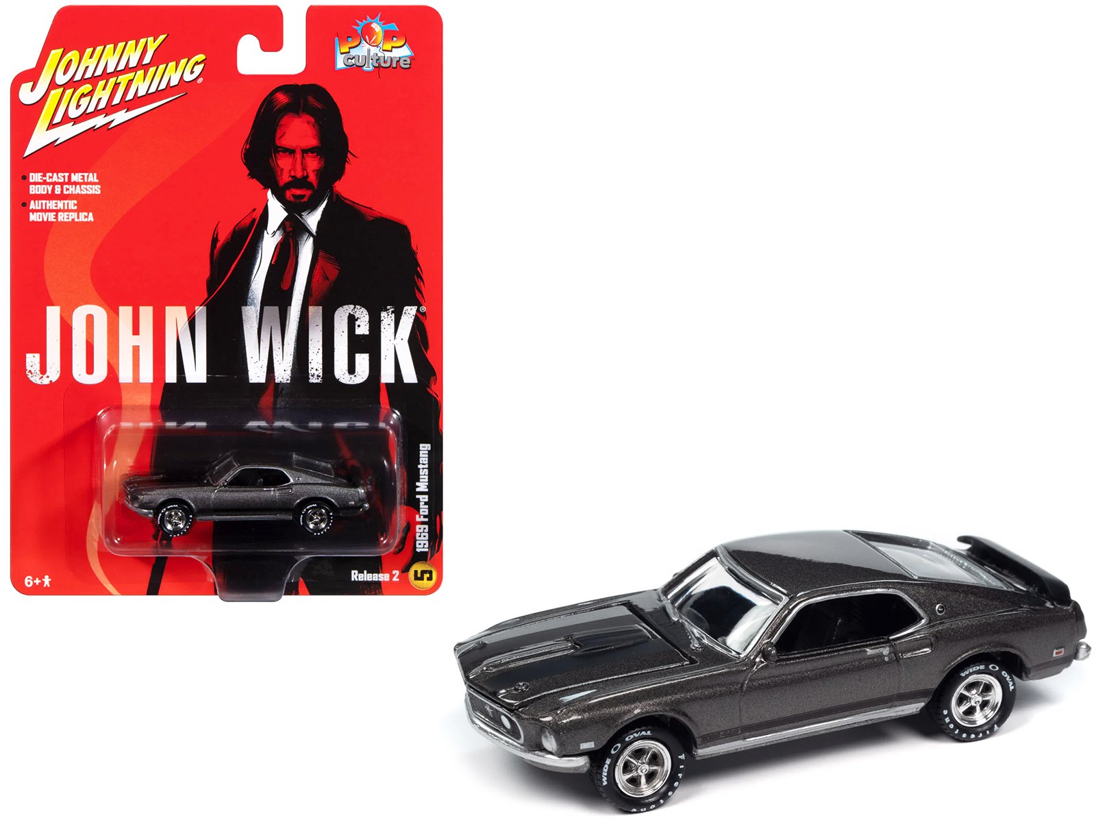 1969 ford mustang mach i gray metallic with black stripes "john wick" (2014) movie "pop culture" 2024 release 2 1/64 diecast model car by johnny lightning 1969 ford mustang mach i gray metallic with black stripes "john wick" (2014) movie "pop culture" 2024 release 2 1/64 diecast model car by johnny lightning