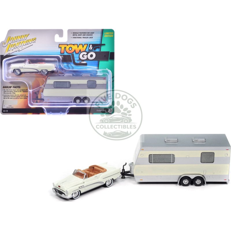 1953 buick super cream with travel trailer limited edition "tow & go" series 1/64 diecast model car by johnny lightning