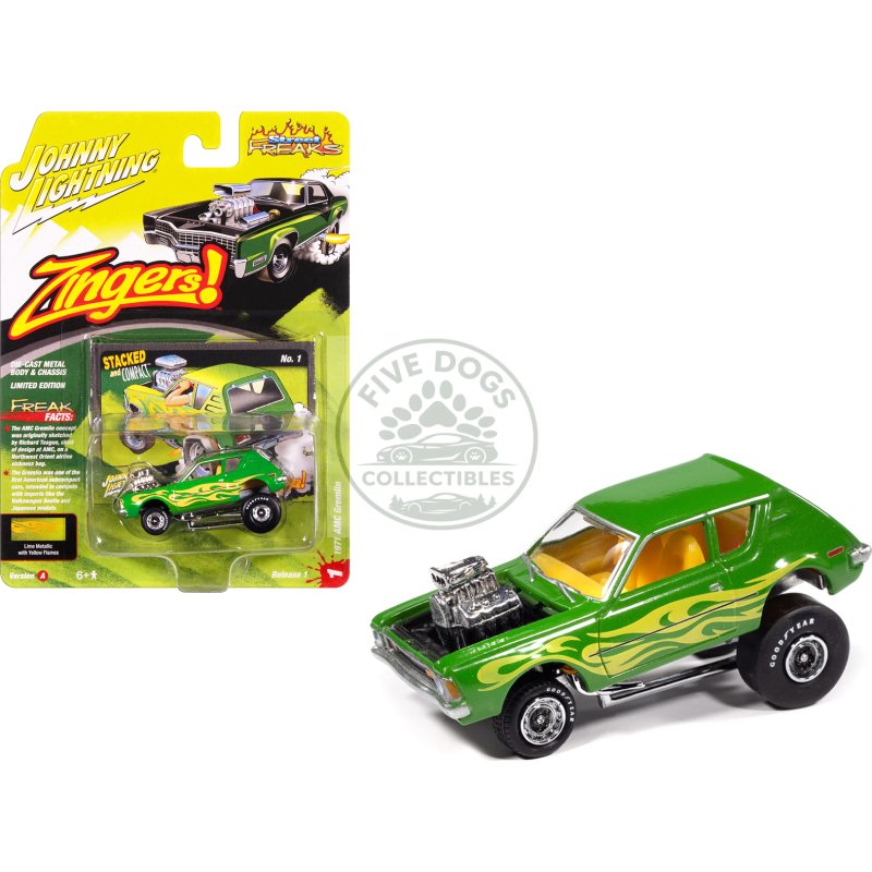 1971 amc gremlin lime green metallic with yellow flames and interior "zingers!" series 1/64 diecast model car by johnny lightning