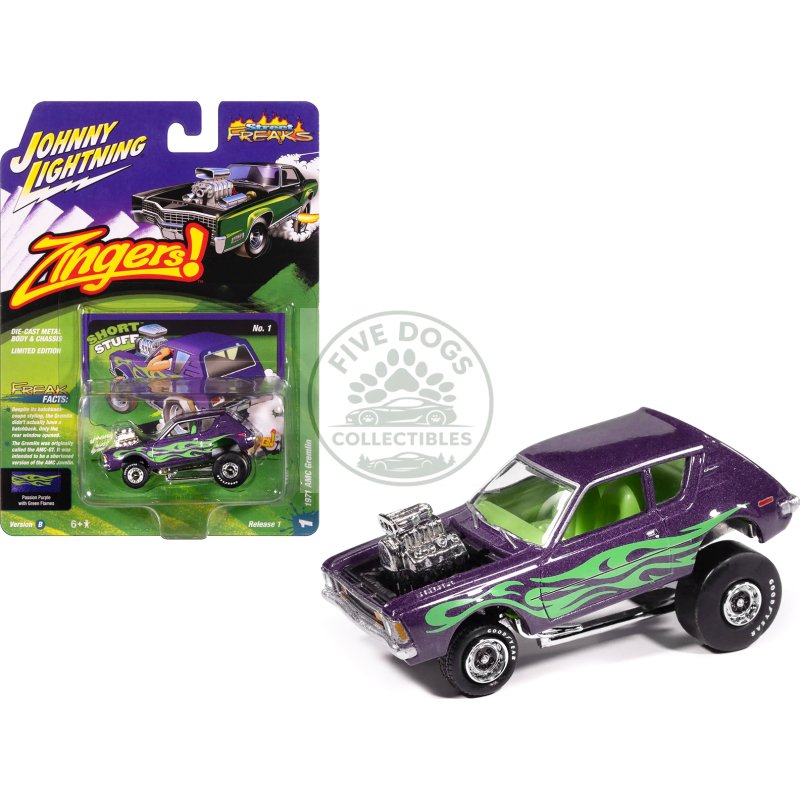 1971 amc gremlin passion purple metallic with green flames and interior "zingers!" series 1/64 diecast model car by johnny lightning