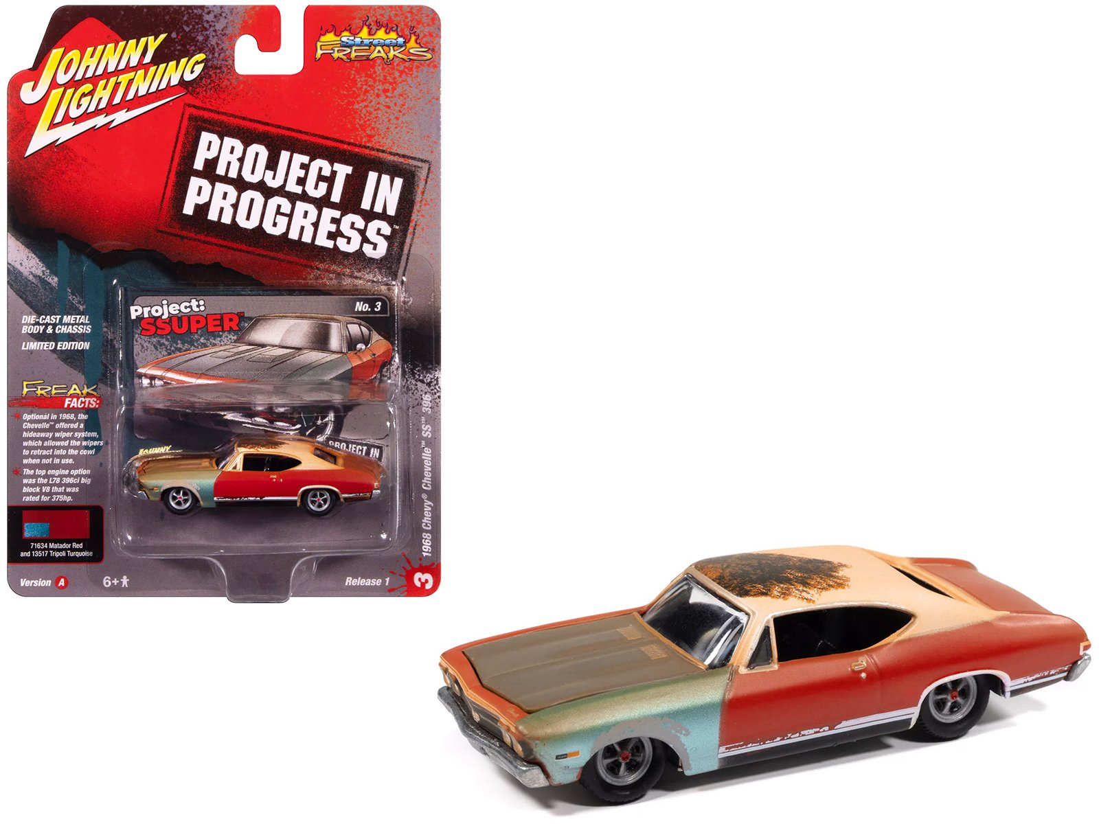 1968 chevrolet chevelle ss 396 matador red (weathered) "project in progress" series 1/64 diecast model car by johnny lightning 1968 chevrolet chevelle ss 396 matador red (weathered) "project in progress" series 1/64 diecast model car by johnny lightning