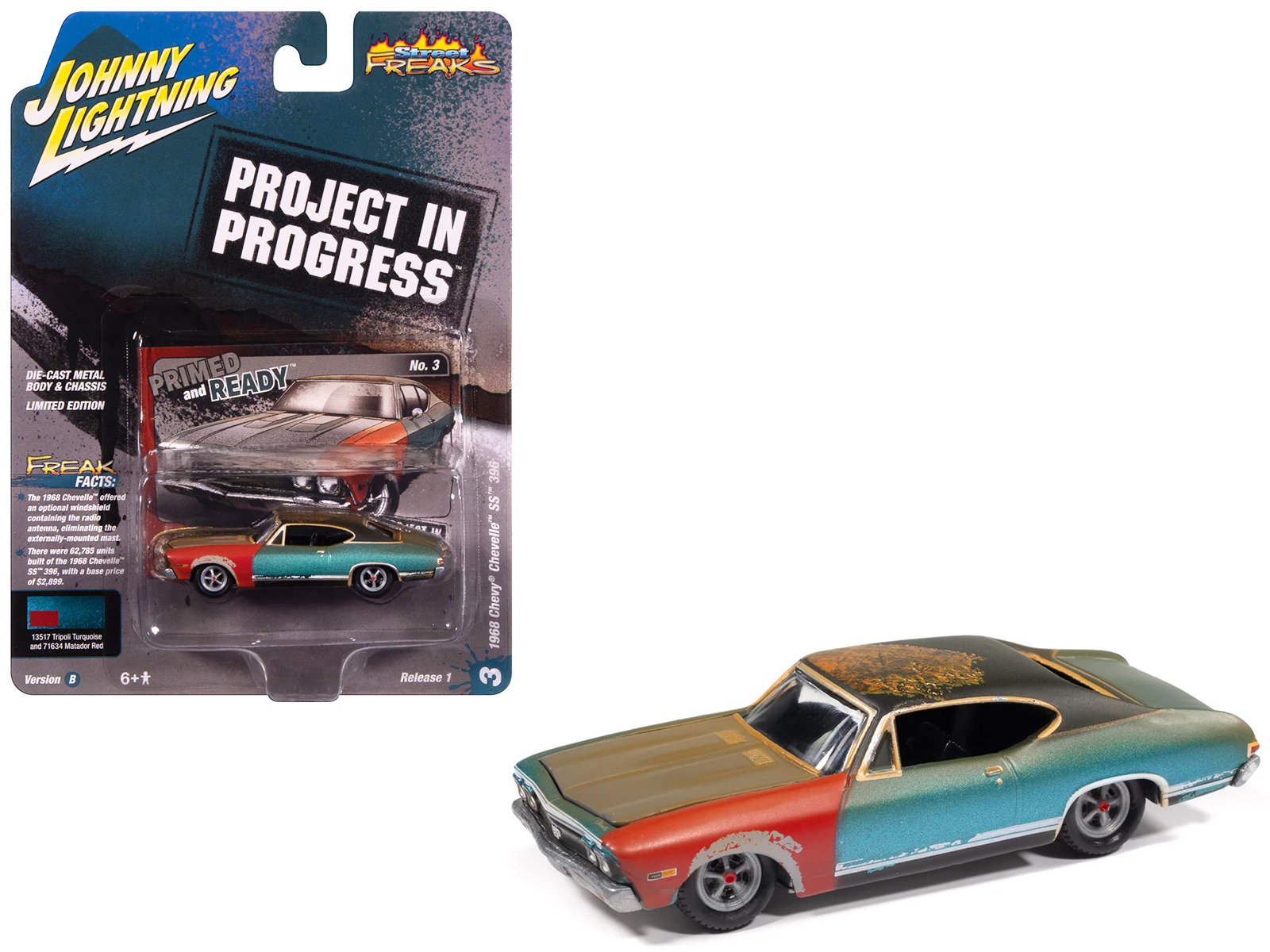 1968 chevrolet chevelle ss 396 tripoli turquoise (weathered) "project in progress" series 1/64 diecast model car by johnny lightning 1968 chevrolet chevelle ss 396 tripoli turquoise (weathered) "project in progress" series 1/64 diecast model car by johnny lightning