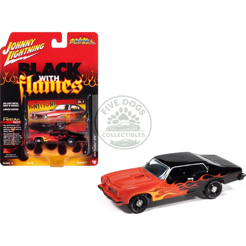 1974 pontiac gto black and red with flame graphics "black with flames" series 1/64 diecast model car by johnny lightning