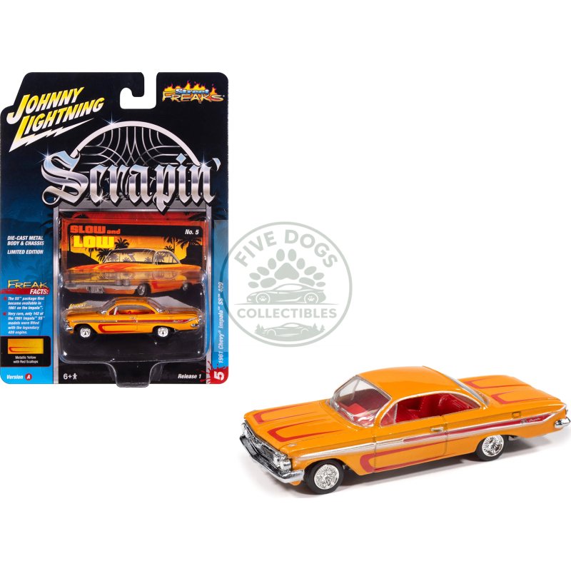 1961 chevrolet impala ss 409 yellow metallic with red stripes and interior "scrapin" series 1/64 diecast model car by johnny lightning