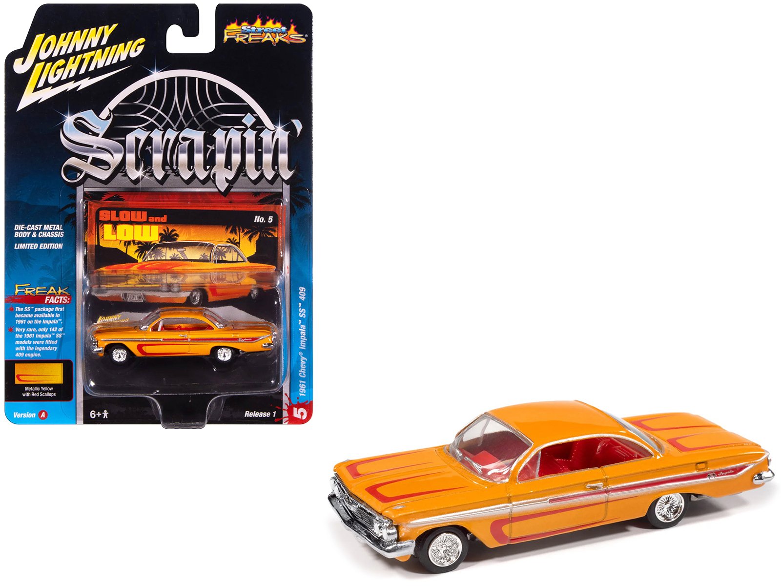 1961 chevrolet impala ss 409 yellow metallic with red stripes and interior "scrapin" series 1/64 diecast model car by johnny lightning 1961 chevrolet impala ss 409 yellow metallic with red stripes and interior "scrapin" series 1/64 diecast model car by johnny lightning