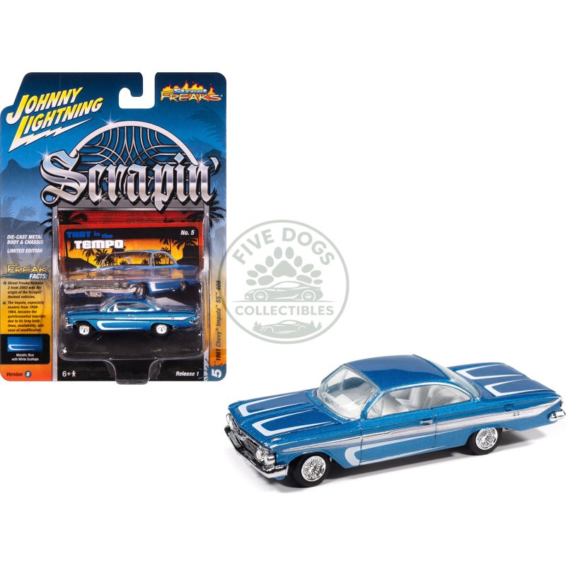 1961 chevrolet impala ss 409 blue metallic with white stripes and interior "scrapin'" series 1/64 diecast model car by johnny lightning