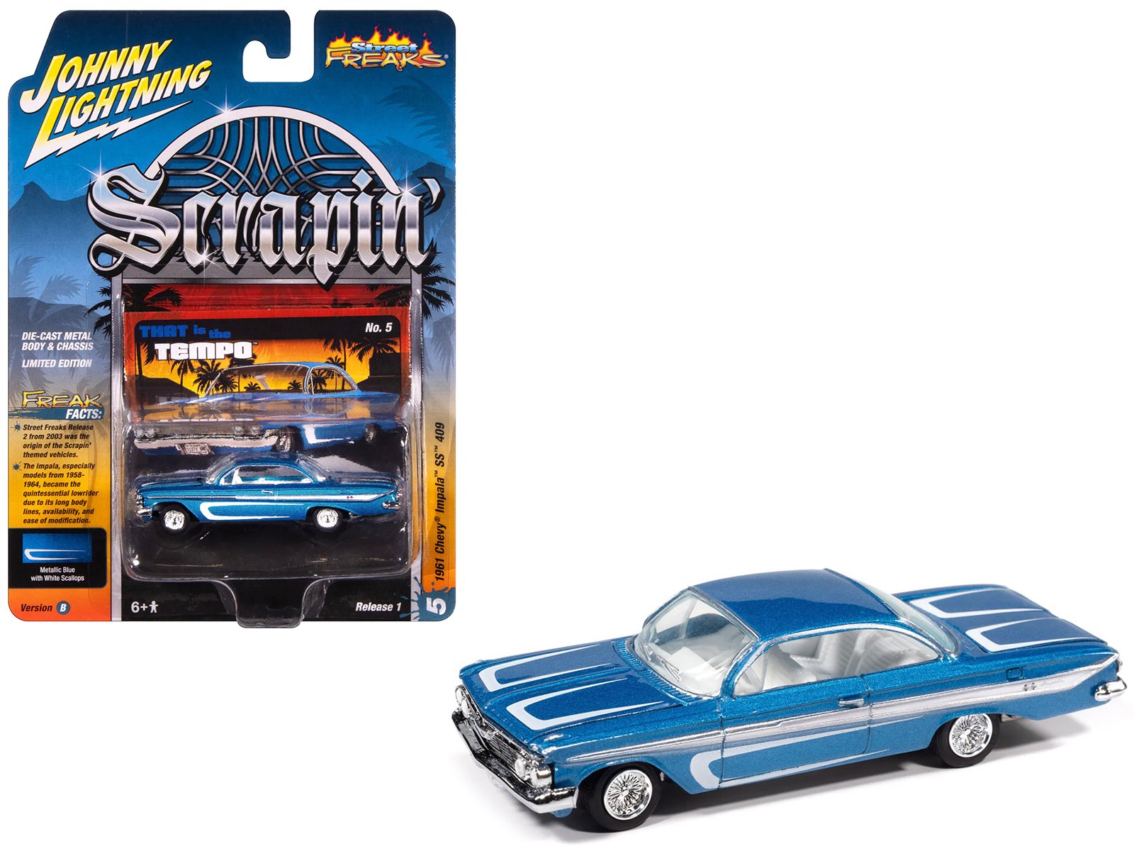 1961 chevrolet impala ss 409 blue metallic with white stripes and interior "scrapin'" series 1/64 diecast model car by johnny lightning 1961 chevrolet impala ss 409 blue metallic with white stripes and interior "scrapin'" series 1/64 diecast model car by johnny lightning