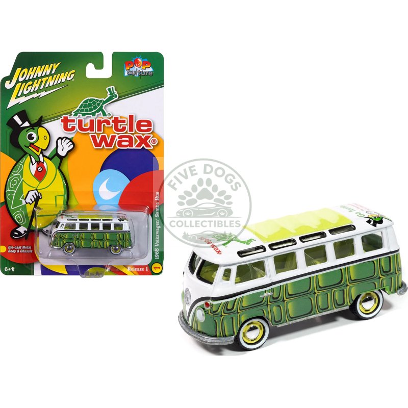 1965 volkswagen samba bus "turtle wax" white and green with graphics "pop culture" 2025 release 1 1/64 diecast model car by johnny lightning