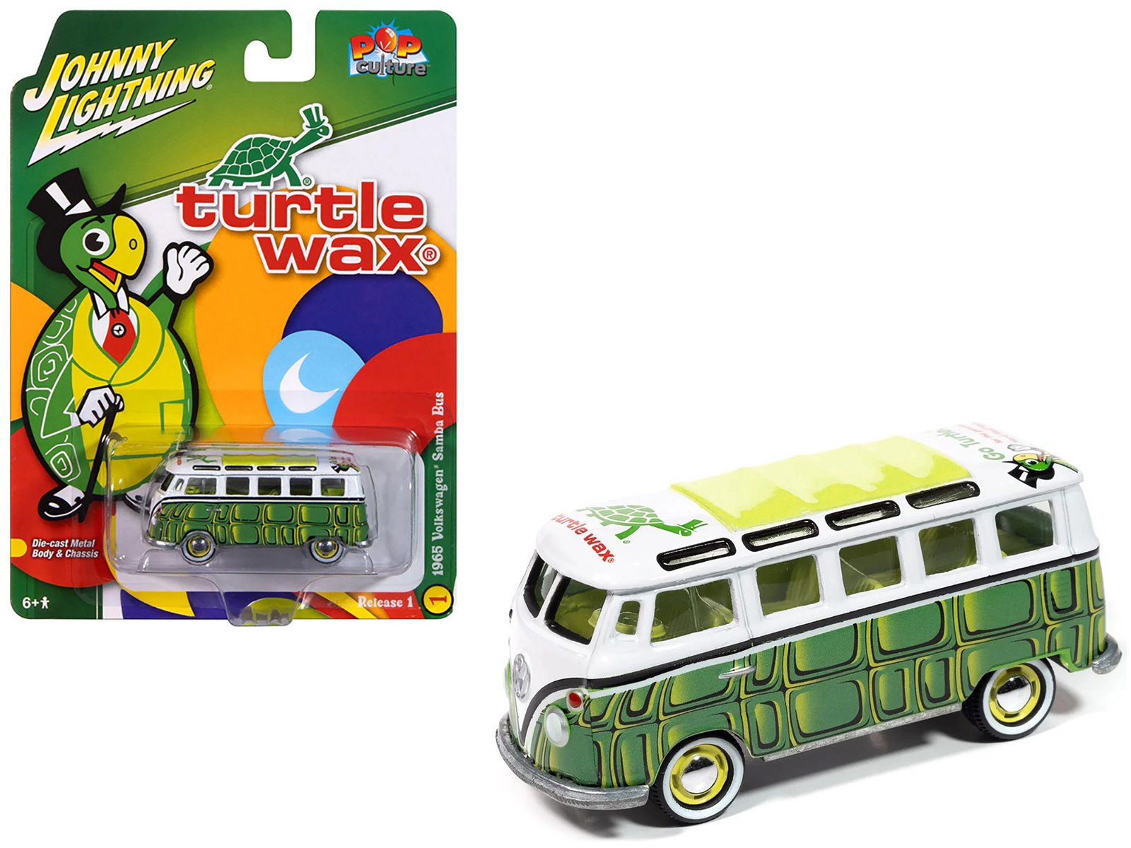 1965 volkswagen samba bus "turtle wax" white and green with graphics "pop culture" 2025 release 1 1/64 diecast model car by johnny lightning 1965 volkswagen samba bus "turtle wax" white and green with graphics "pop culture" 2025 release 1 1/64 diecast model car by johnny lightning