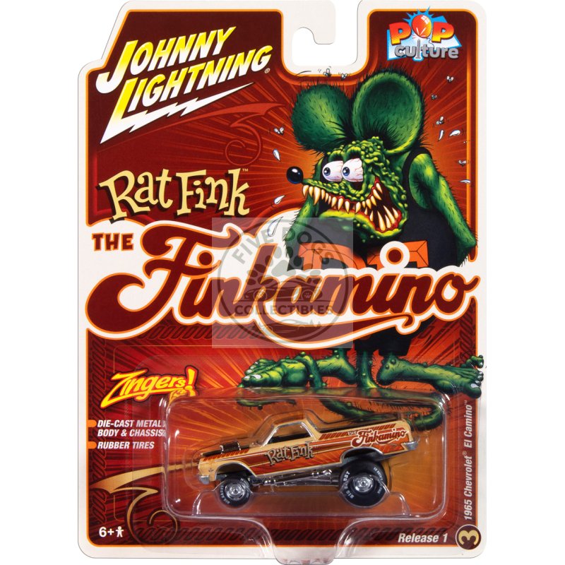 1965 chevrolet el camino zinger "finkamino" beige with graphics "rat fink" "pop culture" 2025 release 1 1/64 diecast model car by johnny lightning