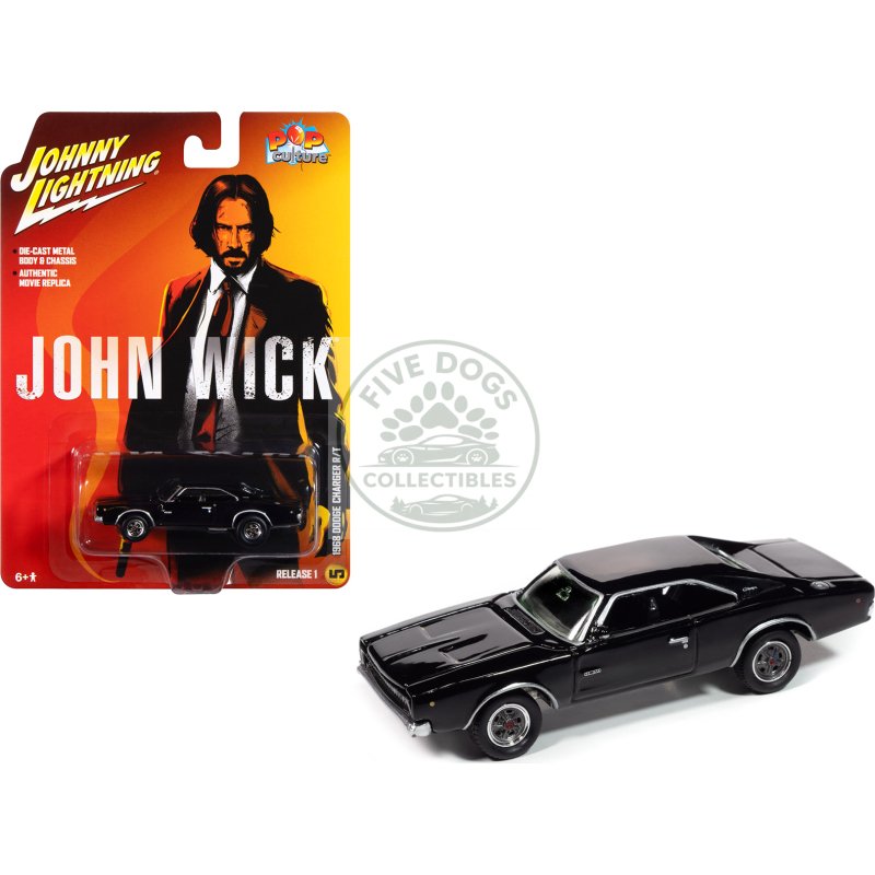 1968 dodge charger r/t black "john wick" (2014) movie "pop culture" 2025 release 1 1/64 diecast model car by johnny lightning
