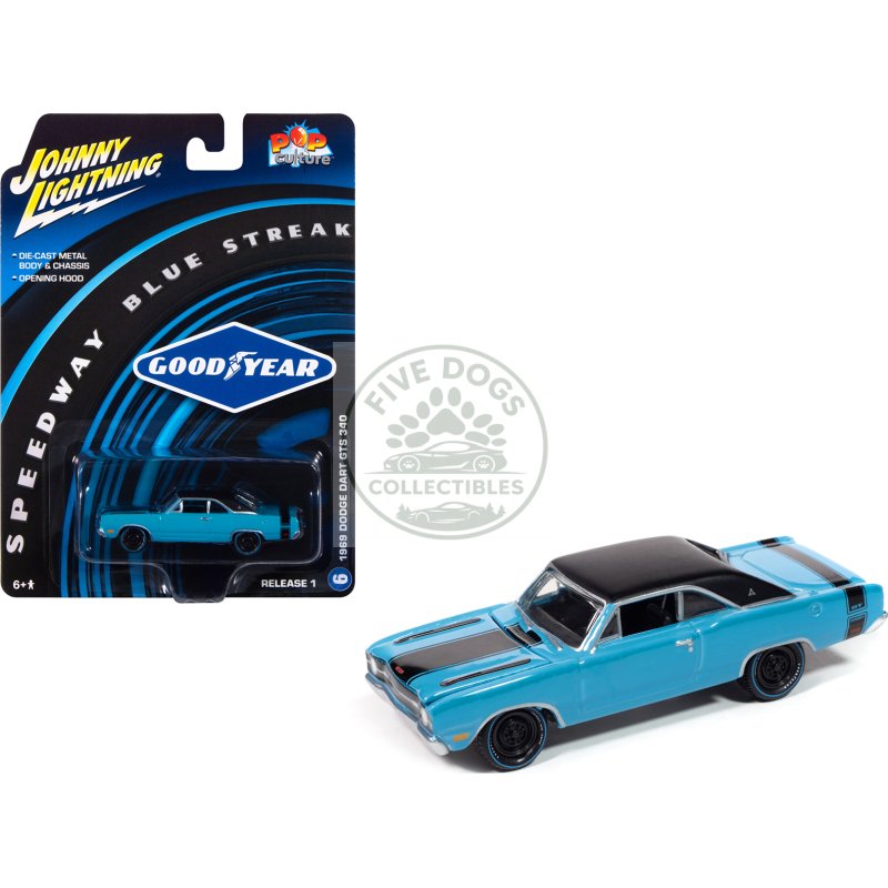 1969 dodge dart gts 340 blue with black top and stripes "goodyear blue streak" "pop culture" 2025 release 1 1/64 diecast model car by johnny lightning
