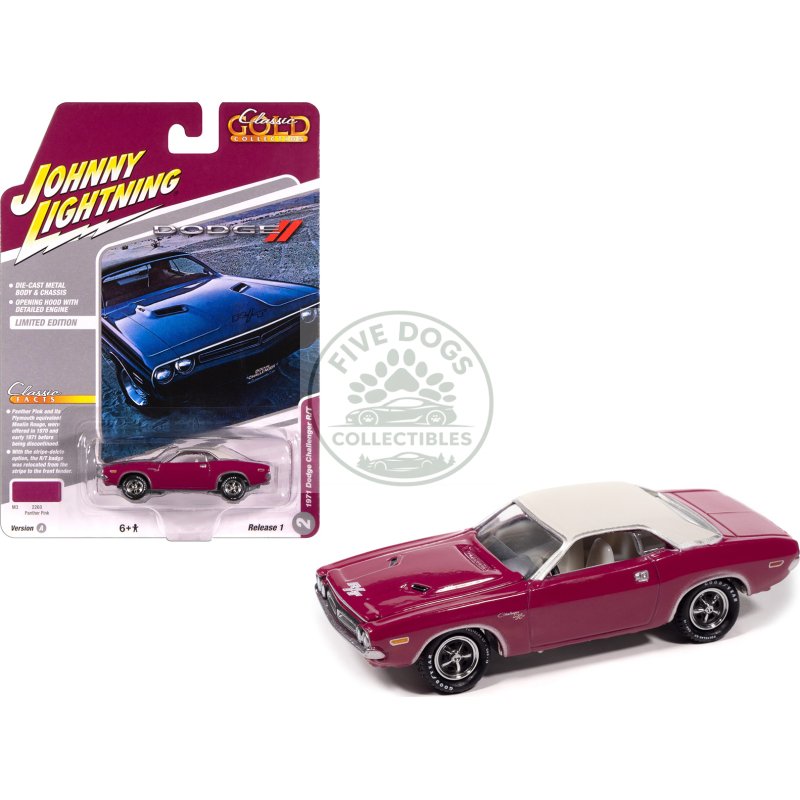 1971 dodge challenger r/t panther pink with white top and interior "classic gold collection" 1/64 diecast model car by johnny lightning