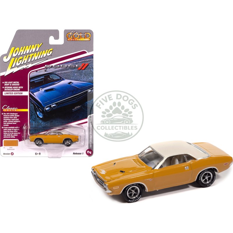 1971 dodge challenger r/t butterscotch with white top and interior "classic gold collection" 1/64 diecast model car by johnny lightning