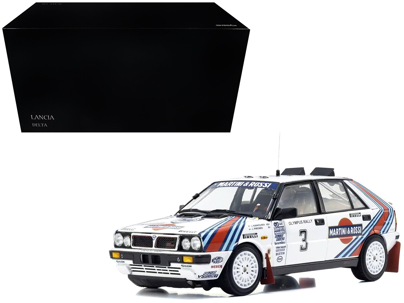 lancia delta hf 4wd #3 juha kankkunen juha piironen "martini racing" winner "olympus rally" (1987) 1/18 diecast model car by kyosho lancia delta hf 4wd #3 juha kankkunen juha piironen "martini racing" winner "olympus rally" (1987) 1/18 diecast model car by kyosho