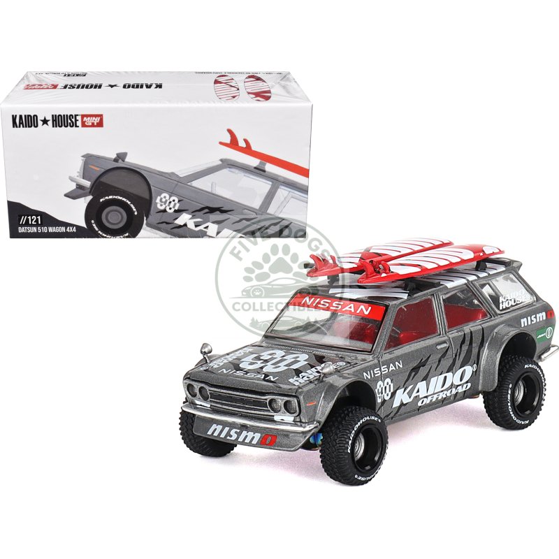datsun kaido 510 wagon 4x4 rhd (right hand drive) "kaido offroad v1" gray metallic with red interior and surfboards on roof (designed by jun imai) "kaido house" special 1/64 diecast model car by mini gt