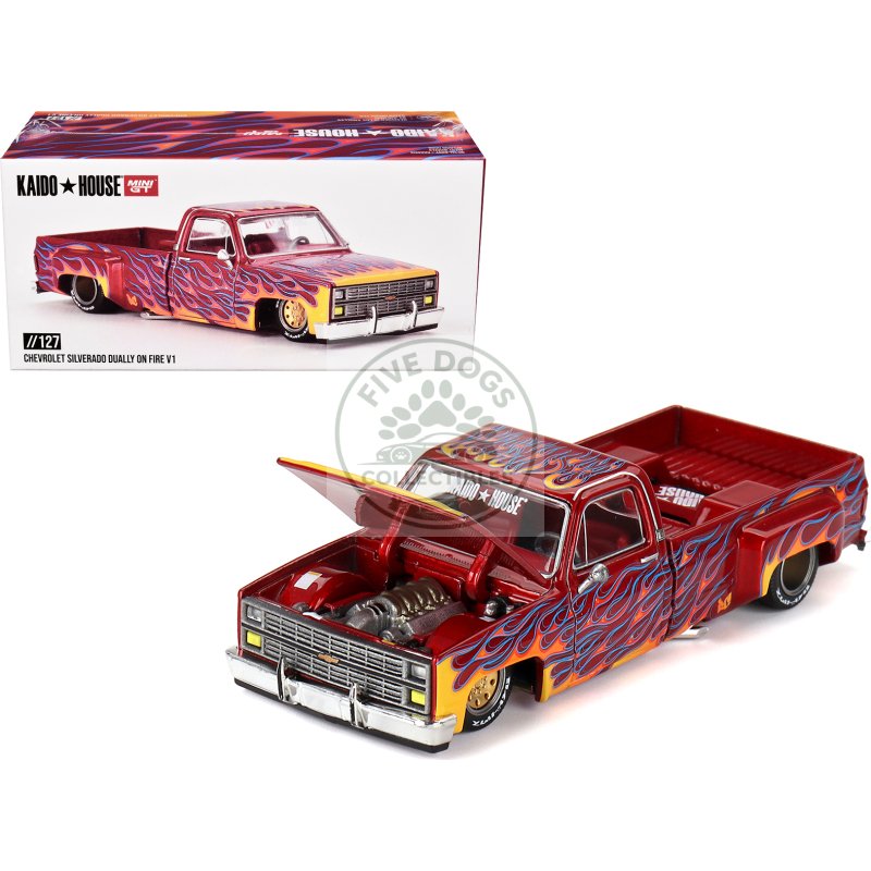 chevrolet silverado dually pickup truck "on fire v1" red metallic with flames and red interior (designed by jun imai) "kaido house" special 1/64 diecast model car by mini gt